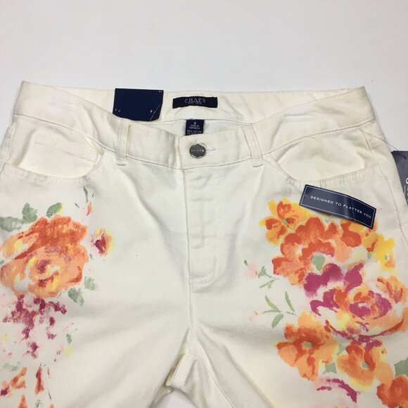 NWT CHAPS 5 Pocket Ivory MultiColor Floral Print Slimming Fit Slim Ankle Jeans - Picture 4 of 14